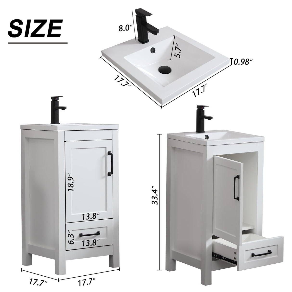 LUCKWIND 18" Bathroom Vanity with Sink Combo, Modern Bathroom Storage Painted Cabinet with Undercounter Ceramic Sink, Faucet and Drawers, White LUCKWIND