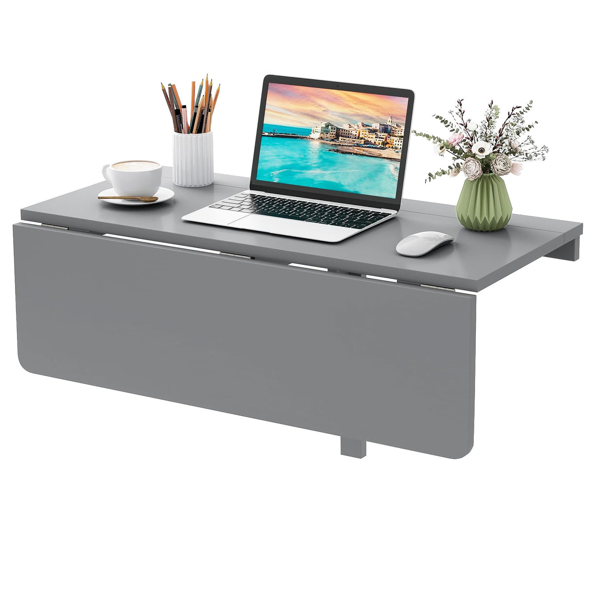 Giantex Wall Mounted Folding Table, 31.5" x 23.5" Wood Murphy Desk Drop-Leaf Table, Space Saving Foldable Floating Desk, Wall Desk Fold Down for Small Spaces, Study, Bedroom, Bathroom (Gray) Giantex