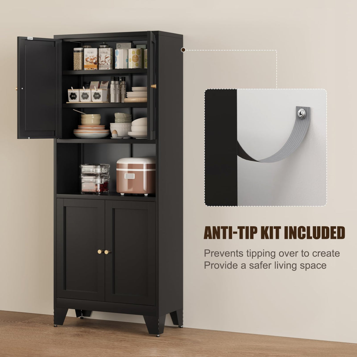 Bevivog 69" Pantry Cabinet,Tall Metal Storage Cabinet with Doors and Adjustable Shelves,High Freestanding Cupboard Locker for Kitchen,Dining Room,Living Room,Office,Black Bevivog