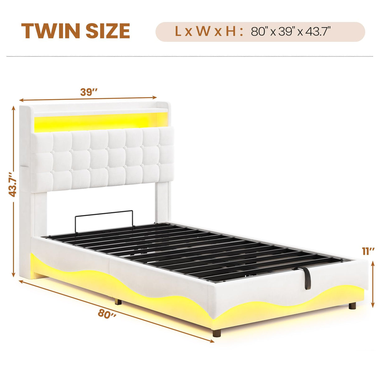 BTHFST Lift Up Storage Twin Bed Frame with Charging Station, LED Lights Storage Headboard with Hidden Cubby, Velvet Upholstered Princess Twin Bed with with Hydraulic Storage, for Girls, Creamy White BTHFST