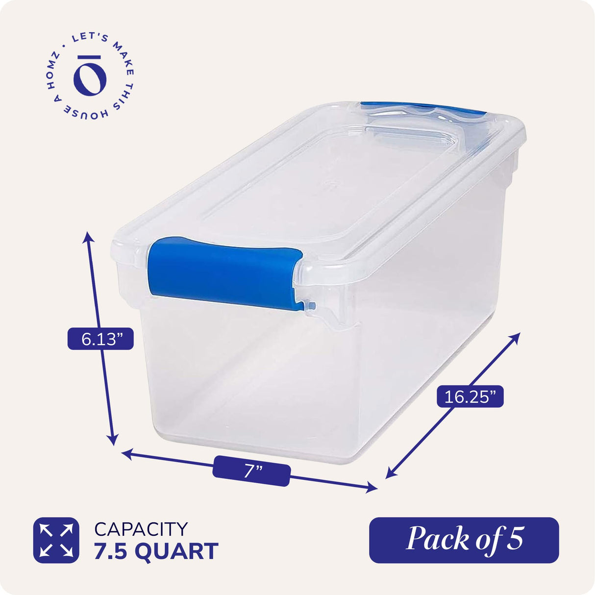 HOMZ 5-Pack Latching Lid, Clear Plastic Storage Organizer Bins, 7.5 Quart, Blue Latch - Stackable Organizing Containers for Home, Garage, and Office HOMZ