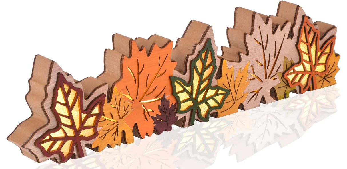 GHOSTMAGIC Lighted Fall Maple Leaves Signs Table Centerpieces Thanksgiving Wooden Block Sign Decorations 3D Wood Autumn Harvest Farmhouse Decor with Led Lights for Home Desk Office Party (Fall Leaves) GHOSTMAGIC