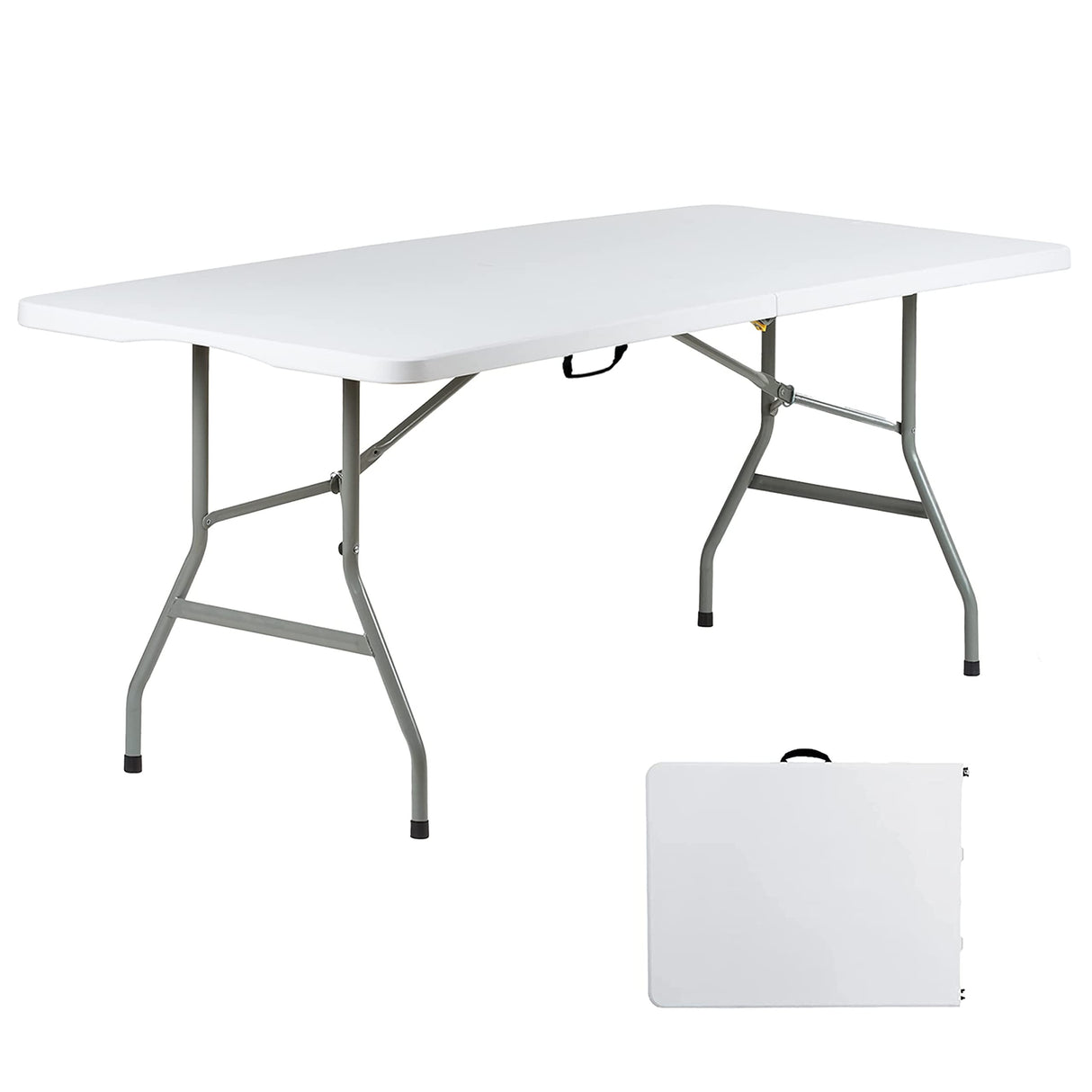 Go-Trio 6 Foot Folding Table 6ft Foldable Portable Plastic Tables for Party, Fold-in-Half Heavy Duty Table, 6’ Utility Dining Card Long Table, Indoor Outdoor Fold up for Picnic, Camping, White, Large Go-Trio