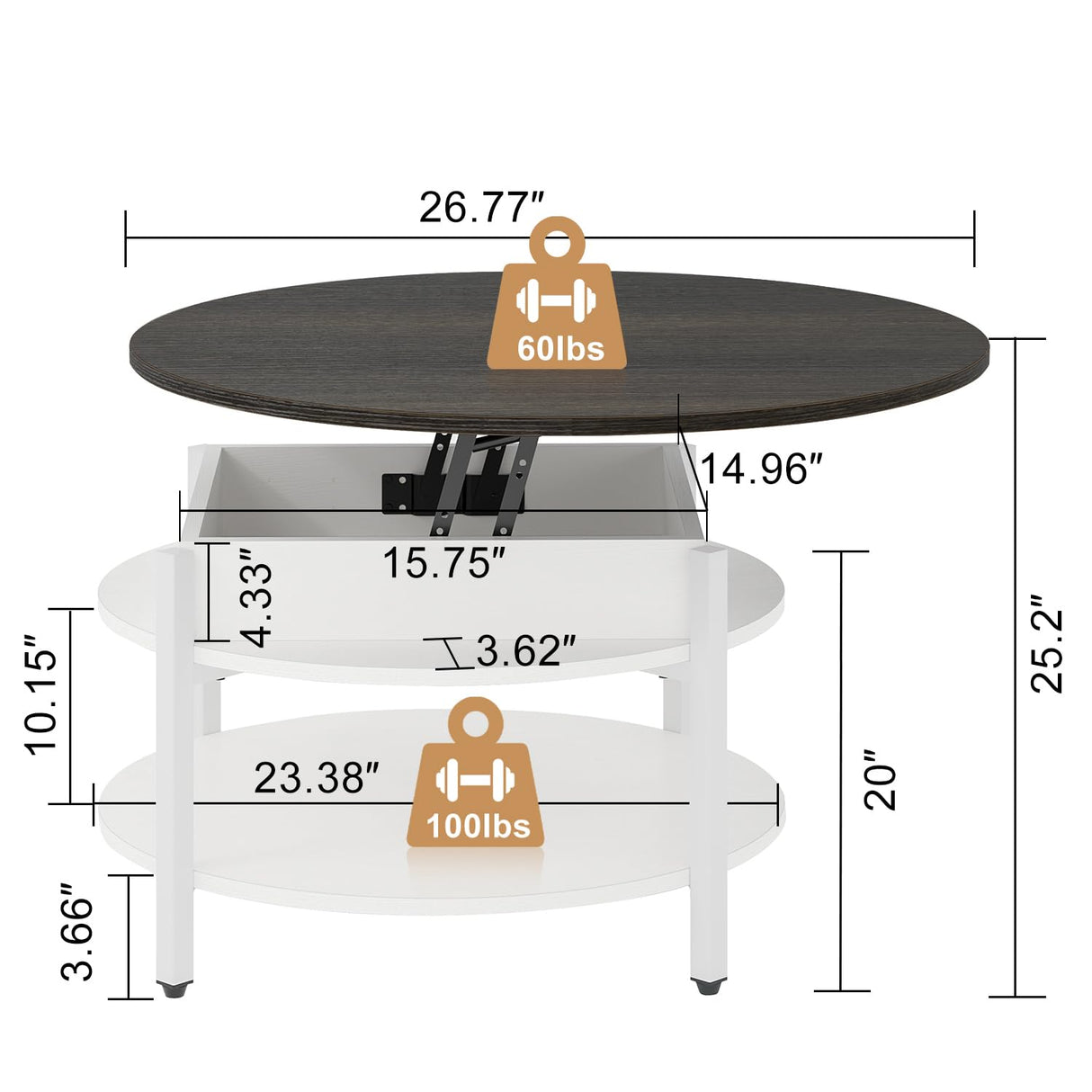 FABATO Round Lift Top Coffee Table with Storage and Hidden Compartment, 26.77'' Farmhouse Coffee Table for Living Room Reception Room, 2 Tier Small Round Coffee Table Circle Dining Table, White FABATO