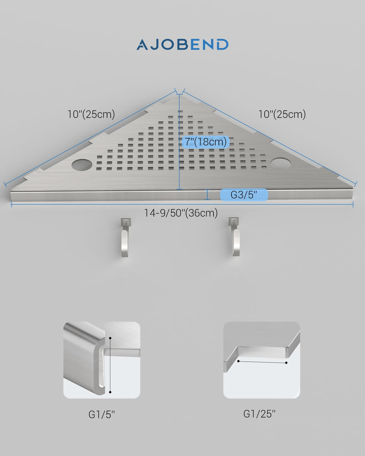 AJOBEND Corner Shower Shelves with Razor Slot & 2 Hooks, 10" Stainless Steel Recessed Triangle Shelf Racks for Bathroom, Grout in Shelf for Tiled Wall, 2 Pack (Holds 15lbs) AJOBEND