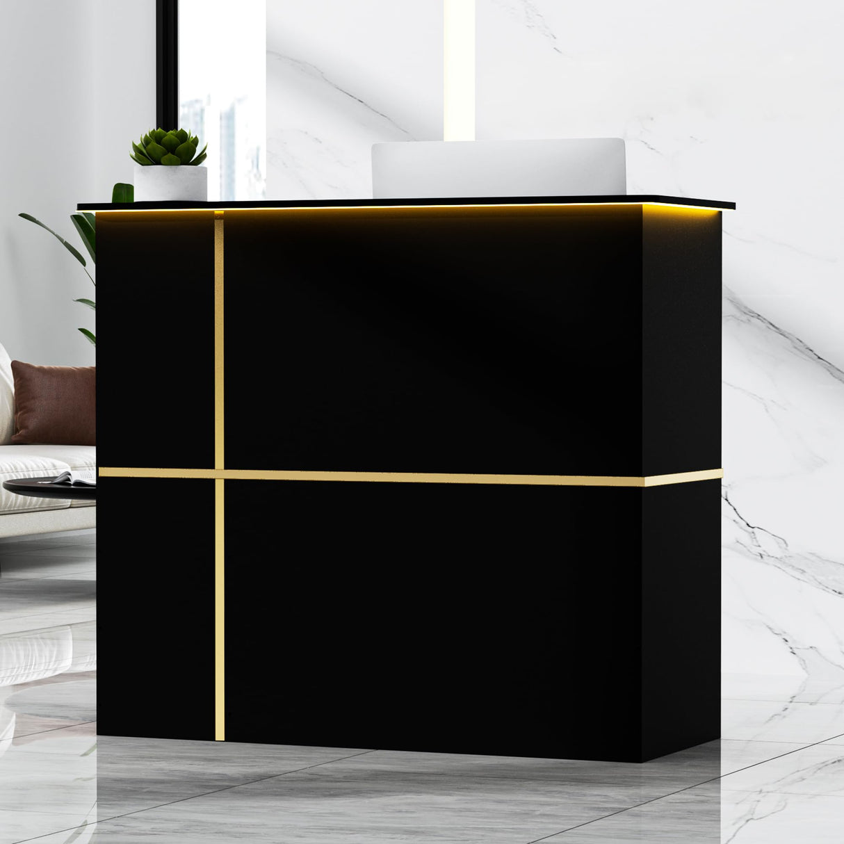 OUTGUAVA Modern Front Desk & Reception Desk with LED Lighting, 50-inch Retail Counter with Power Socket, DIY Stripe for Checkout, Lobby, Salon, Offices - Black OUTGUAVA