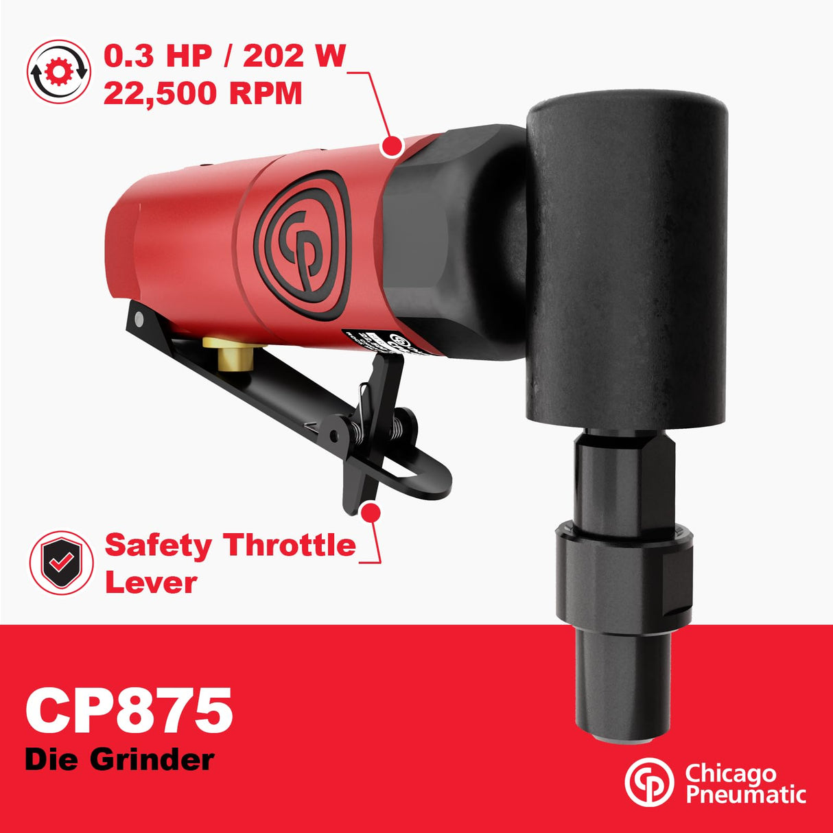 Chicago Pneumatic CP875 Kit - Air Die Grinder Tool, Welder, Woodworking, Automotive Car Detailing, Stainless Steel Polisher, Heavy Duty, Right Angle Grinder, 1/4 Inch (6 mm), 0.3 HP/ 220W - 22500 RPM Chicago Pneumatic