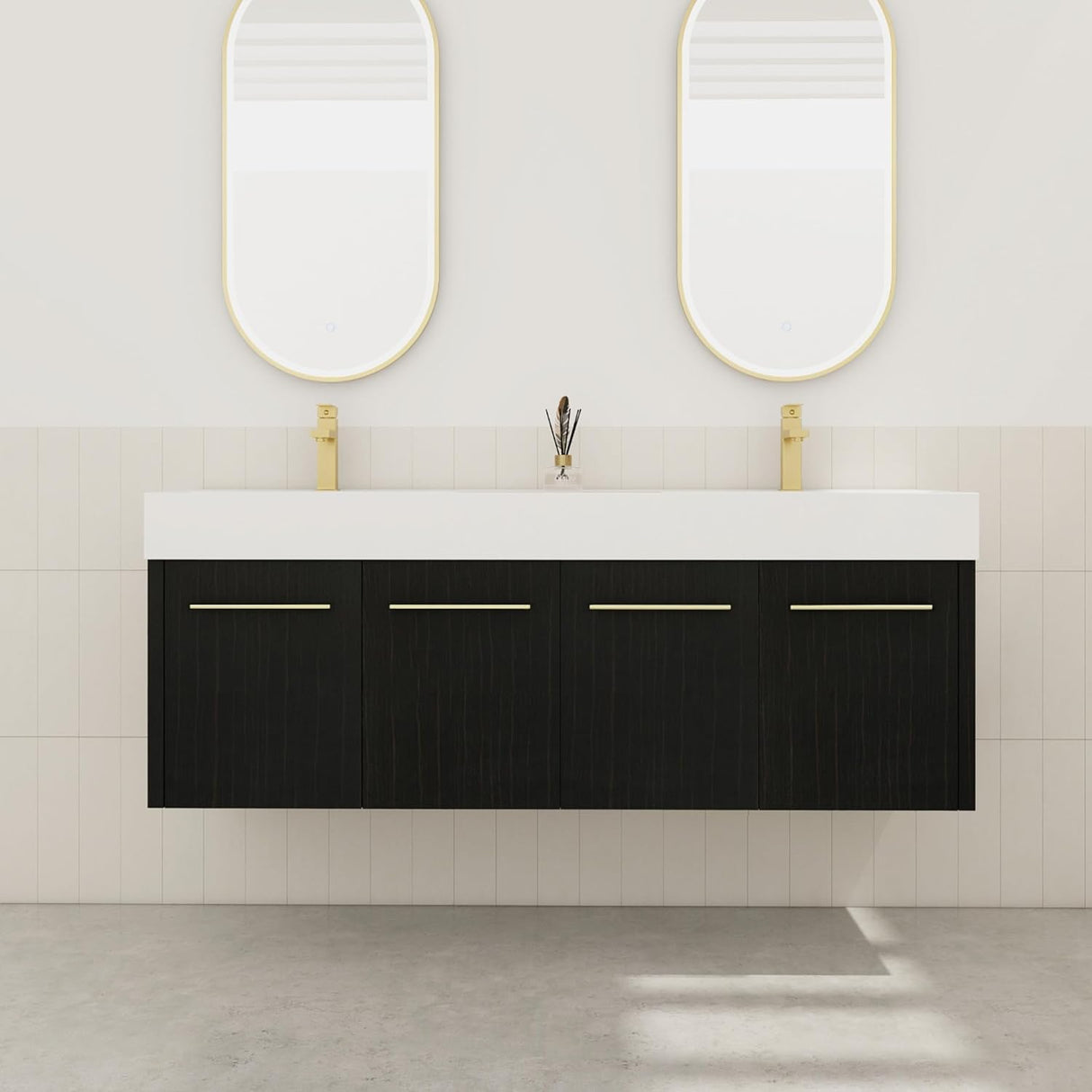 60" Black Wall Mounted Bathroom Vanity with Double Sink, High End Floating Vanity 4 Door Bathroom Cabinet with Thicken Edge Resin Sink,60 Inch Large Wood Bathroom Vanity with Gold Handle Goujxcy