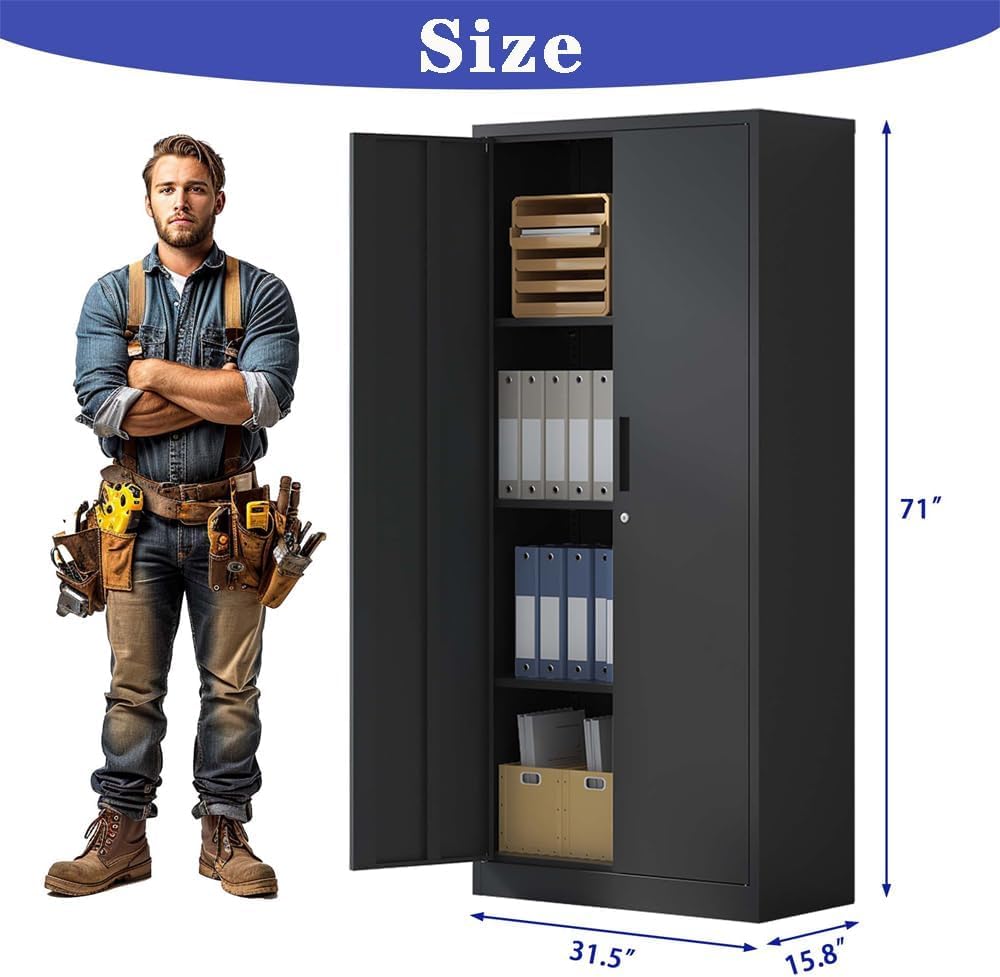 Metal Storage Cabinet with Lock, 71" Lockable Garage Tool Cabinet with Doors and Shelves, Tall Steel Cabinet for Garage, Heavy-Duty Black File Cabinet for Home Office, Gym, School (Black, 71") Ochangqi