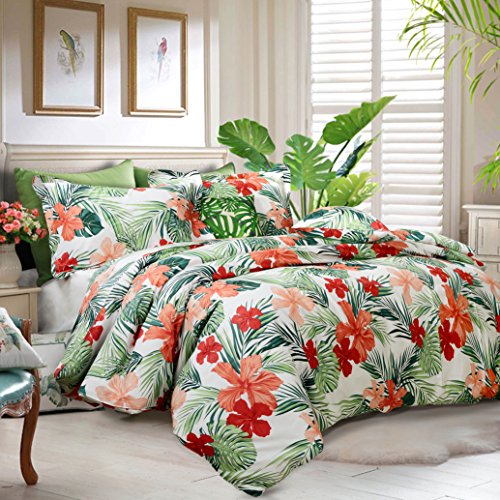 FADFAY Tropical Red Hibiscus Palm Leaves Duvet Cover Set Super Soft Summer Bedding 100% Cotton Soft with Hidden Zipper Closure Queen Size 3-Pieces FADFAY