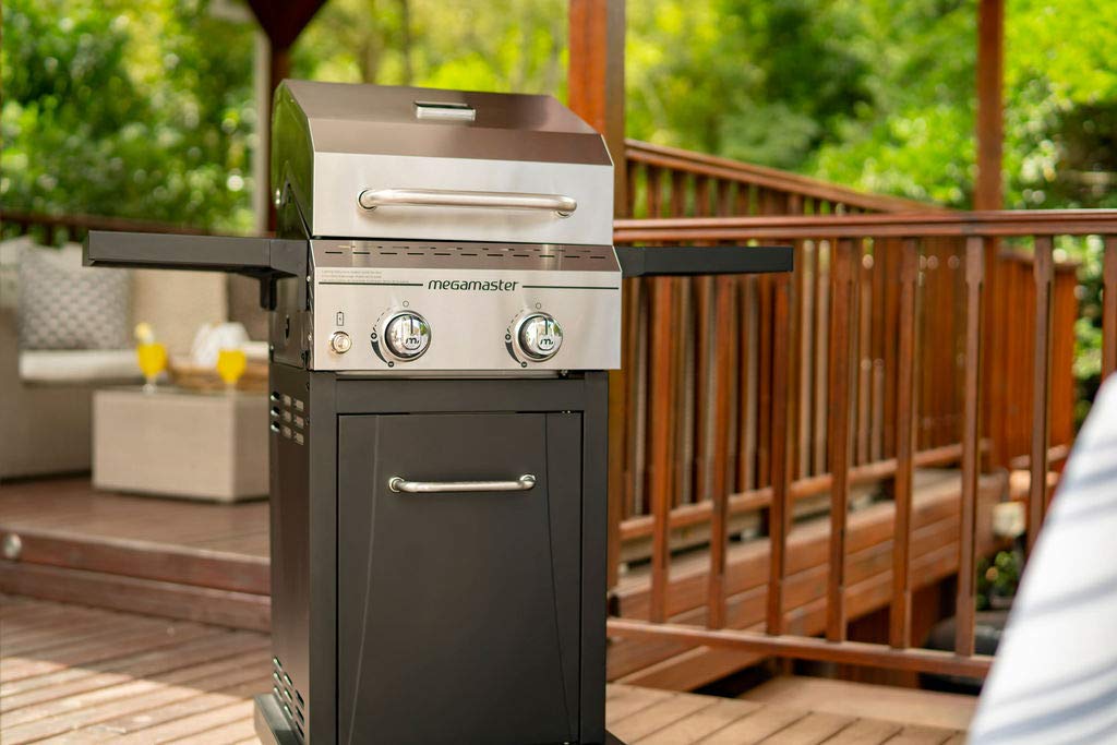 Megamaster 2-Burner Propane Barbecue Gas Grill with Foldable Side Tables, Perfect for Camping, Outdoor Cooking, Patio, Garden Barbecue Grill, 28000 BTUs, Silver and Black, 720-0864MA Megamaster