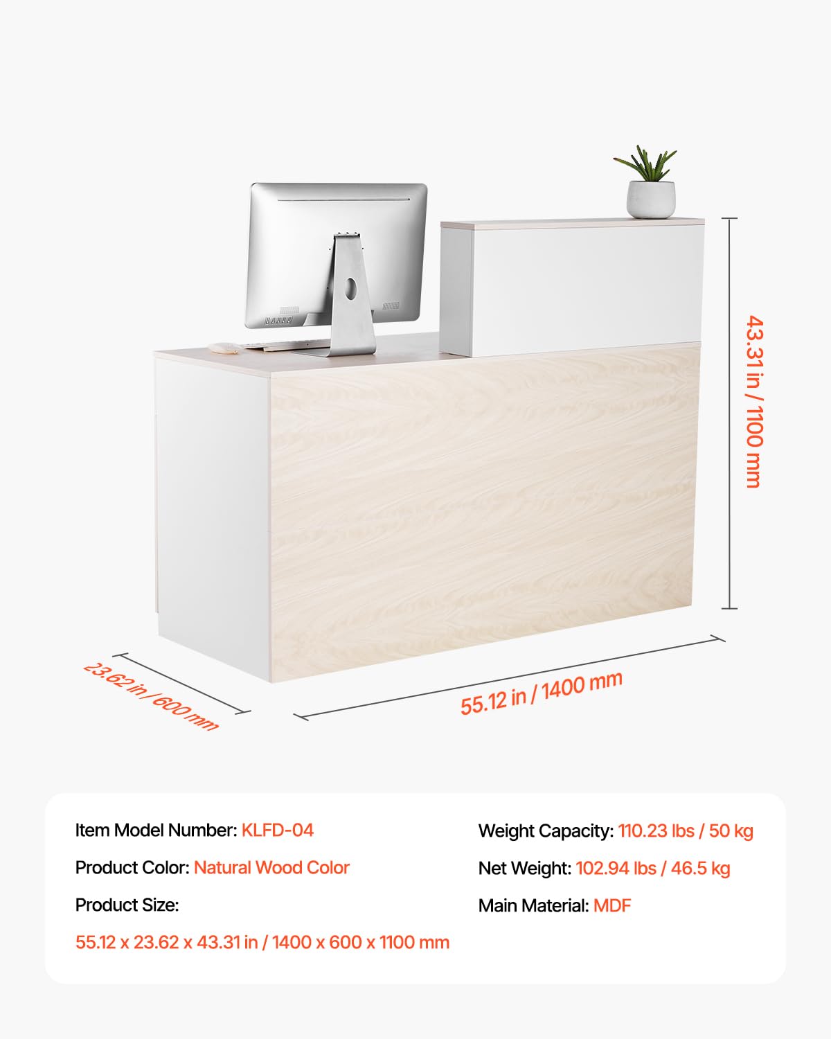 VEVOR Reception Desk, 55 Inch Rectangular Front Counter Table, Office Reception Counter with Lockable Drawer and Storage Cabinet, for Checkout, Lobby, Beauty Salon and Office, Natural VEVOR