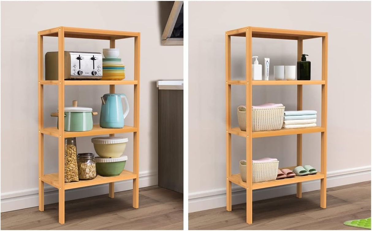 FoverOne 4 Tier Bamboo Shelf, Freestanding Book Shelf Bookcase Storage Rack for Bathroom Kitchen Living Room FoverOne