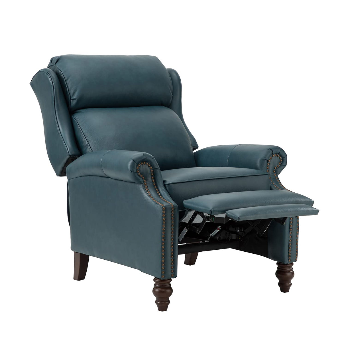 HULALA HOME Genuine Leather Recliner Chair, Traditional Manual Pushback Comfy Seating for Living Room, Thick Cushion & Solid Wood Legs, Wingback Recliner with Nailhead Trim, Turquoise HULALA HOME