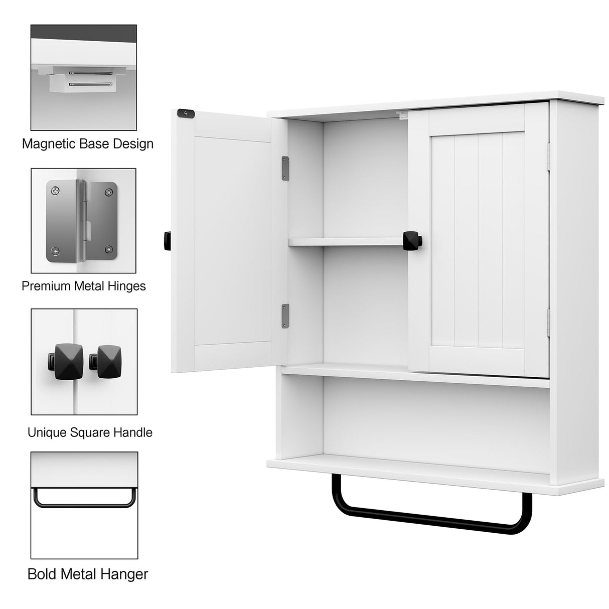 RRX Bathroom Cabinet Wall Mounted Medicine Cabinets with Towels Bar, Over The Toilet Storage Cabinet with 2 Doors and Adjustable Shelf, White Wall Cabinet for Bathroom Laundry Kitchen RRX