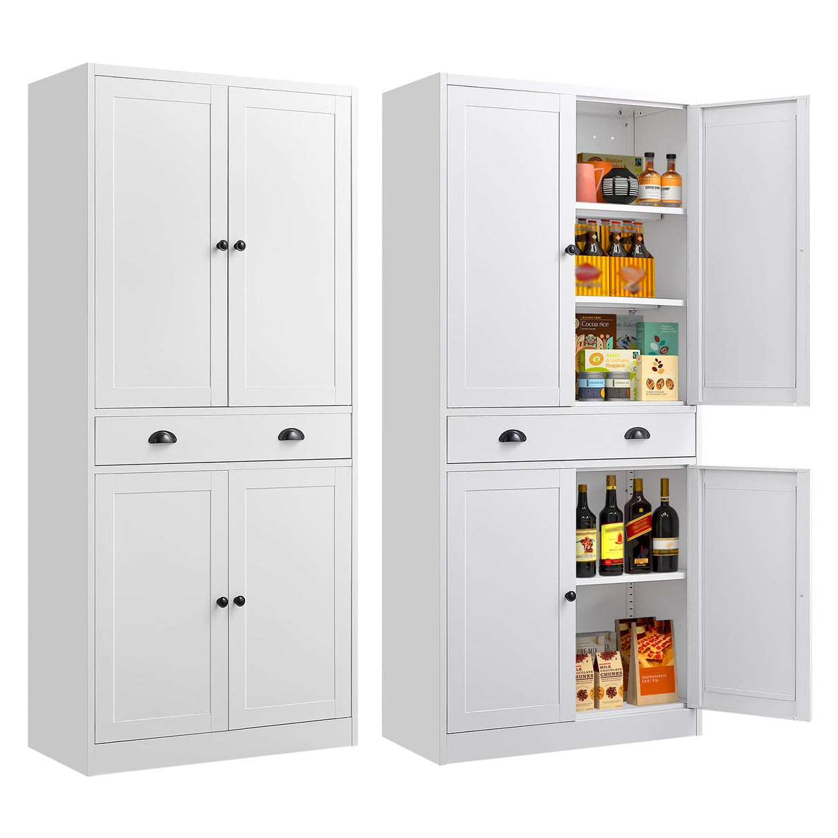 71" Kitchen Pantry Cabinet, Metal Storage Cabinets with Adjustable Shelves and Drawer, White Pantry Cabinets, 4 Doors Metal Pantries Cabinet for Kitchen, Dining Room, Living Room - Assembly Required MetalMax