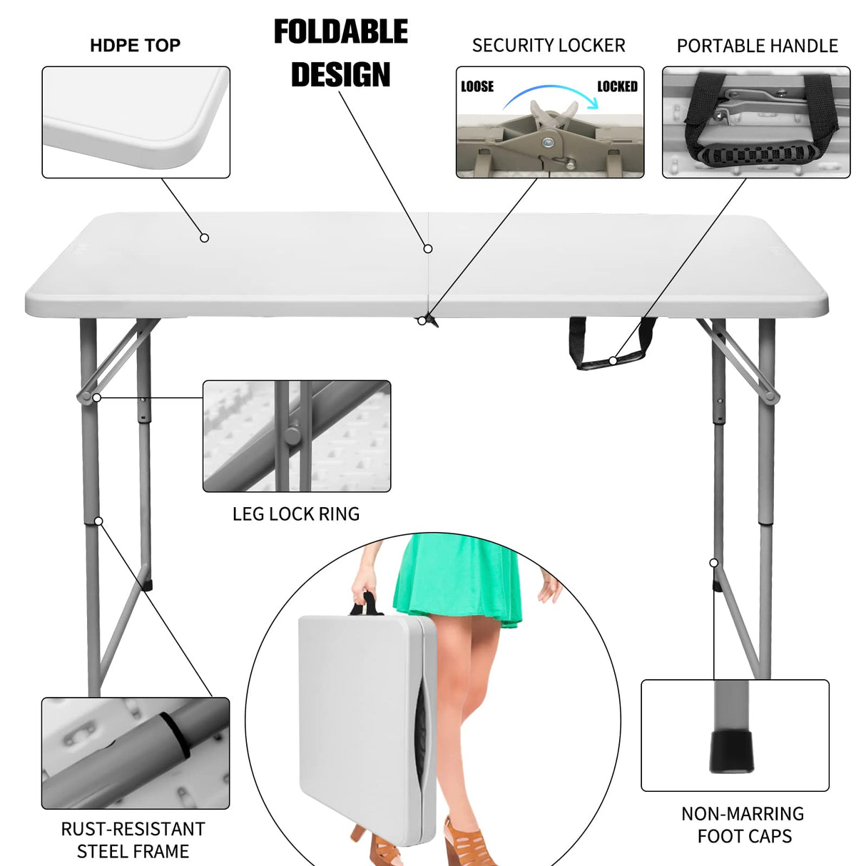Byliable Folding Table 4 Foot Portable Heavy Duty Plastic Fold-in-Half Utility Table Small Indoor Outdoor Adjustable Height Folding Table with Carrying Handle, Camping and Party,White Byliable