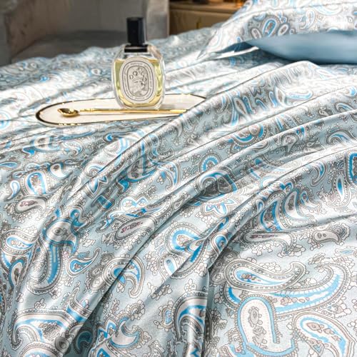 TodaFre Blue Duvet Cover Queen Size Set, 3 Pieces Lightweight Satin Bedding Set - 1 Cashew Printed Duvet Cover 90x90 Inches with Zipper Closure, 2 Pillowcases TodaFre