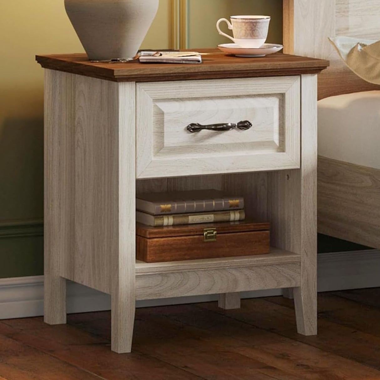 LINSY Night Stand 18.9" Farmhouse Wood Night Stand with Type-C Charging Station Open Storage Shelf Nightstands with Drawer Side Table End Table for Bedroom Living Room Sofa Couch Office Beige LINSY