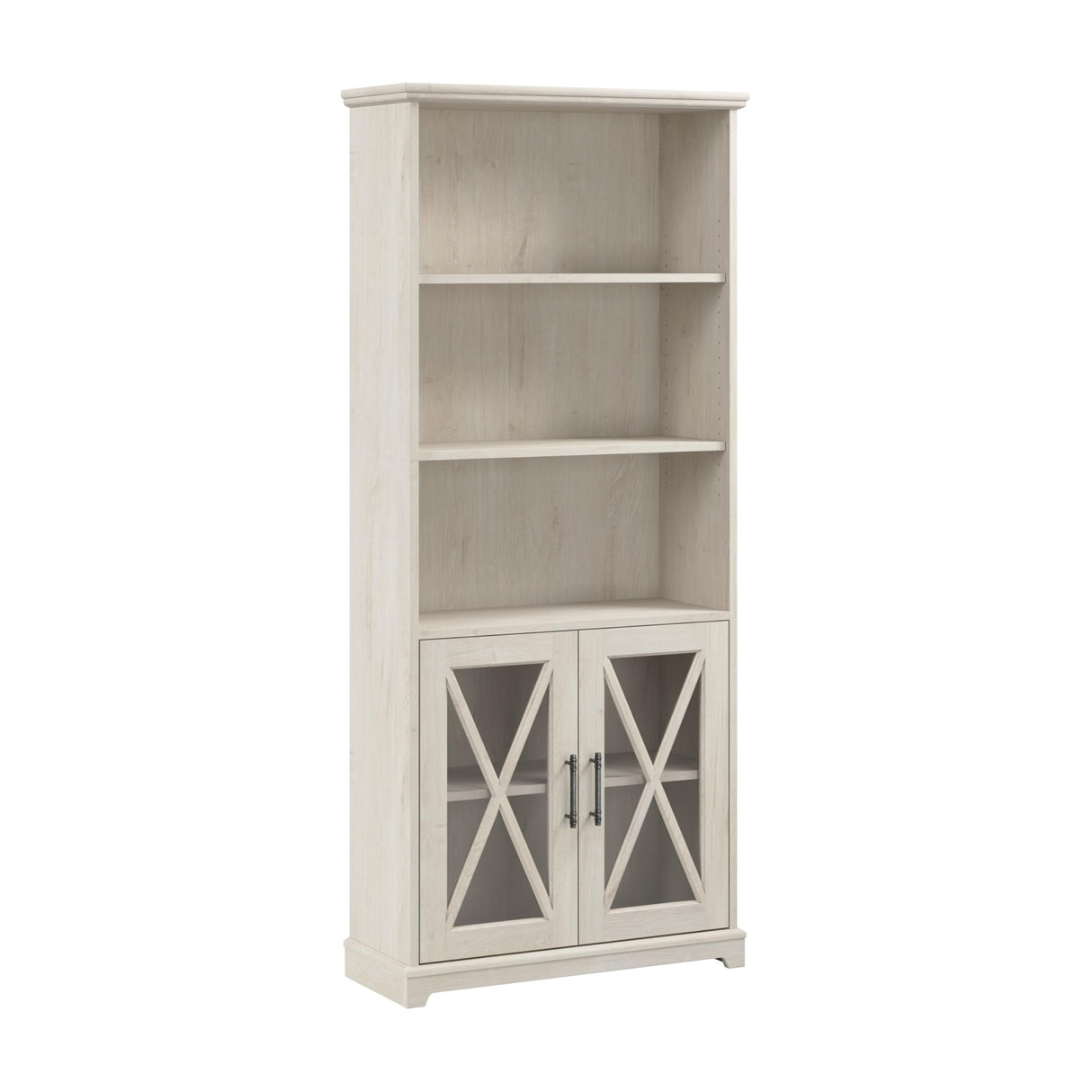 Lennox Tall 5 Shelf Bookcase with Glass Doors in Linen White Oak - Stylish Farmhouse Storage Solution Bush Business Furniture