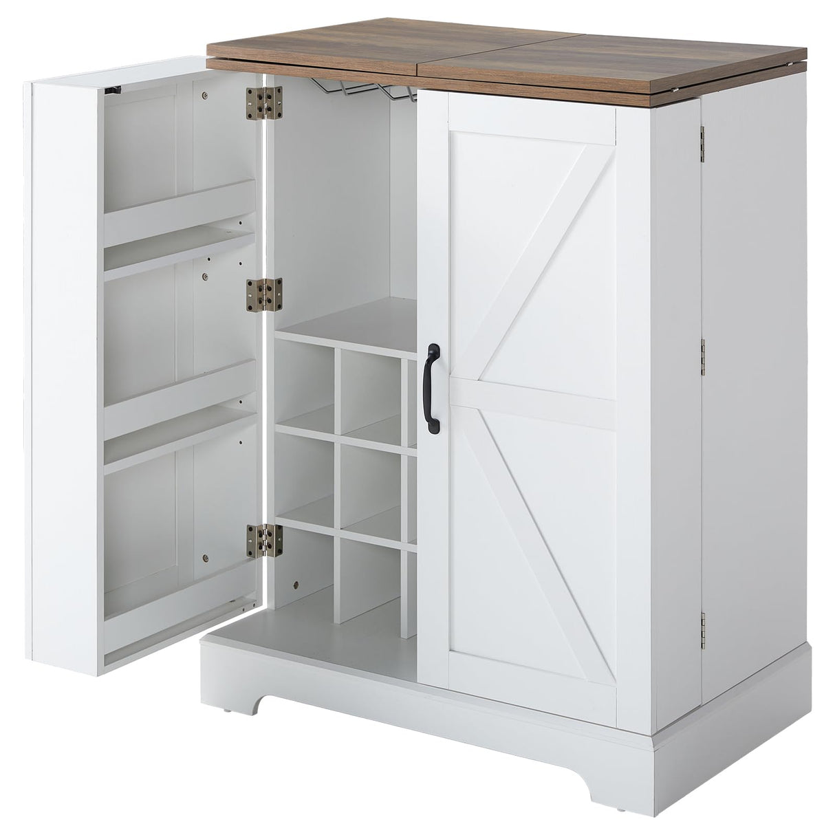 AMERLIFE 61" Farmhouse Bar Cabinet with 9 Wine Racks, Folding Storage Wine Liquor Cabinet, Expandable Coffee Bar Station with Drawer, Mini Bar, Home Bar for Kitchen Dining Room, Rustic White AMERLIFE