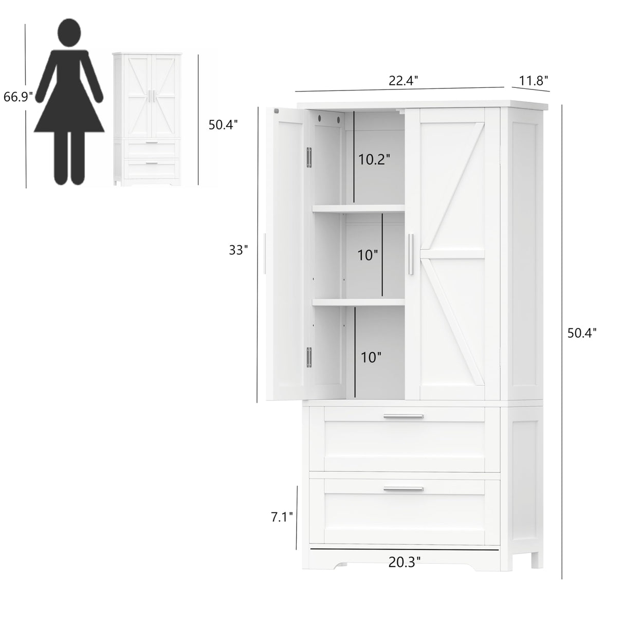 Keehusux 50.4" H Bathroom Storage Cabinet, Modern Floor Cabinet with Adjustable Shelf, Small Pantry with 2 Doors & Drawers, Storage Cabinet for Bathroom, Living Room, Kitchen, White KES007WCWG Keehusux