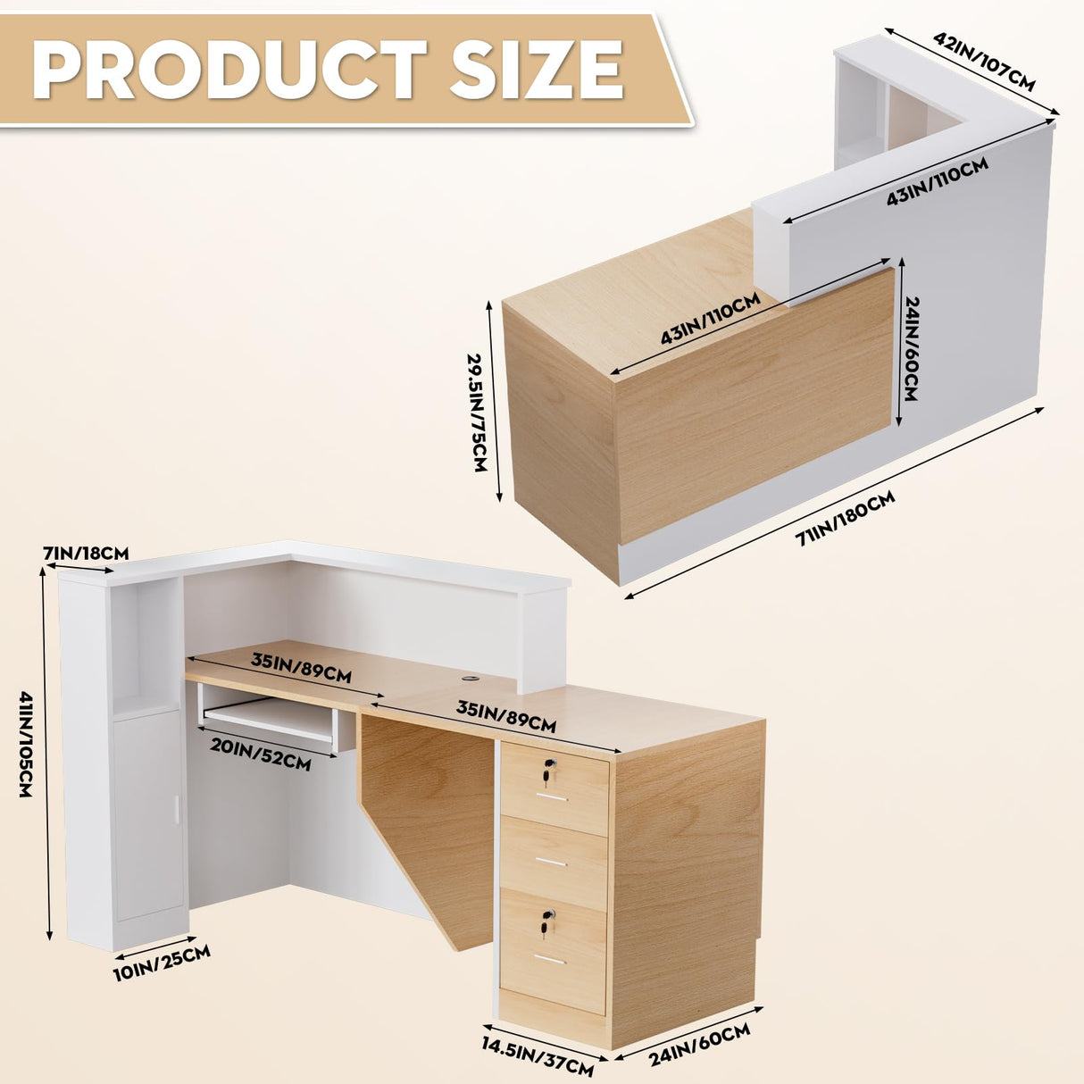 L-Shaped Modern Large Wooden Commercial Reception Desk with Counter & Shelves, Front Reception Desk Counter Table with Storage, Drawers for Offices,Home (Oak+White, Right- 71''L x 34''W x 41''H) Drexo