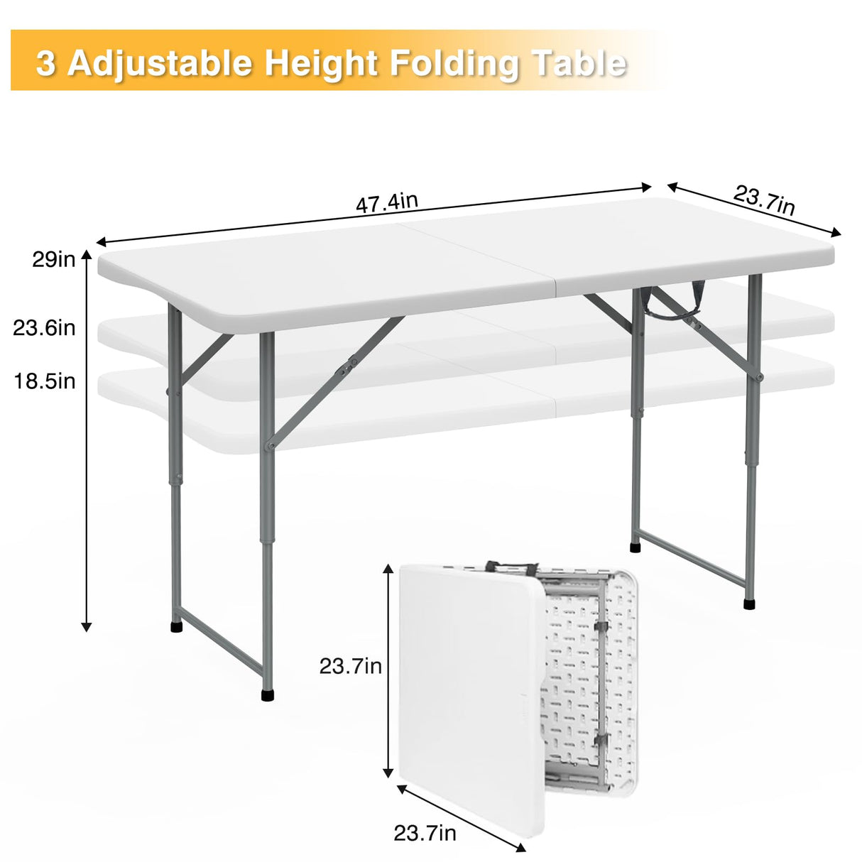 SKOK 330lbs Folding Picnic Table 4/6/8 Foot Adjustable Height, 4/6/8FT Plastic Table Portable w/Handle, Utility Commercial Craft Sewing Card Table w/Heavy Duty Frame for Party Events SKOK