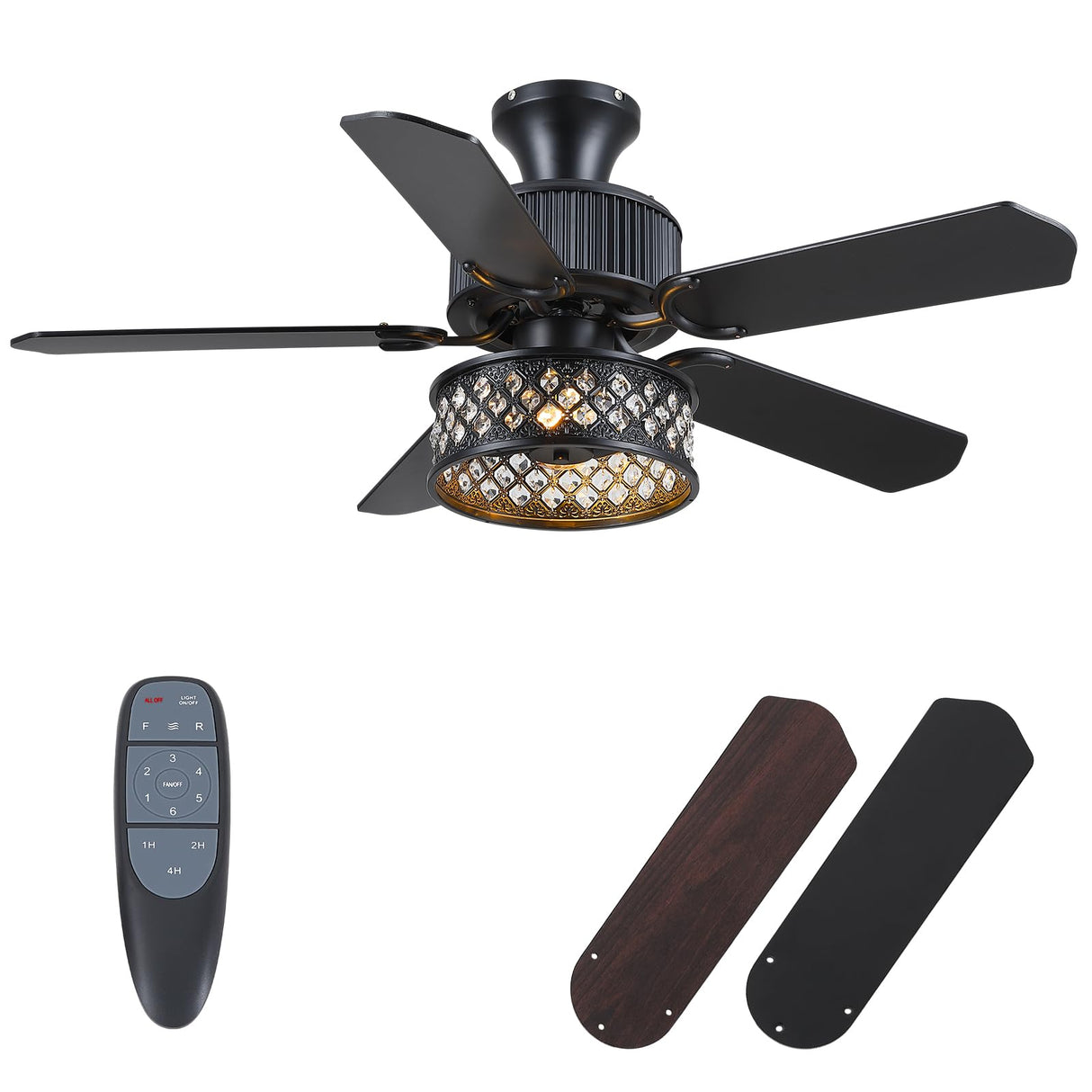 Danilong 42" Ceiling Fans with Lights and Remote, Retro Low Profile Flush Mount Ceiling Fans with Crystal Cage, 6 Speeds Reversible Dual Finish Wooden Blades Fandelier for Kitchen Bedroom Dining Room Dannilong