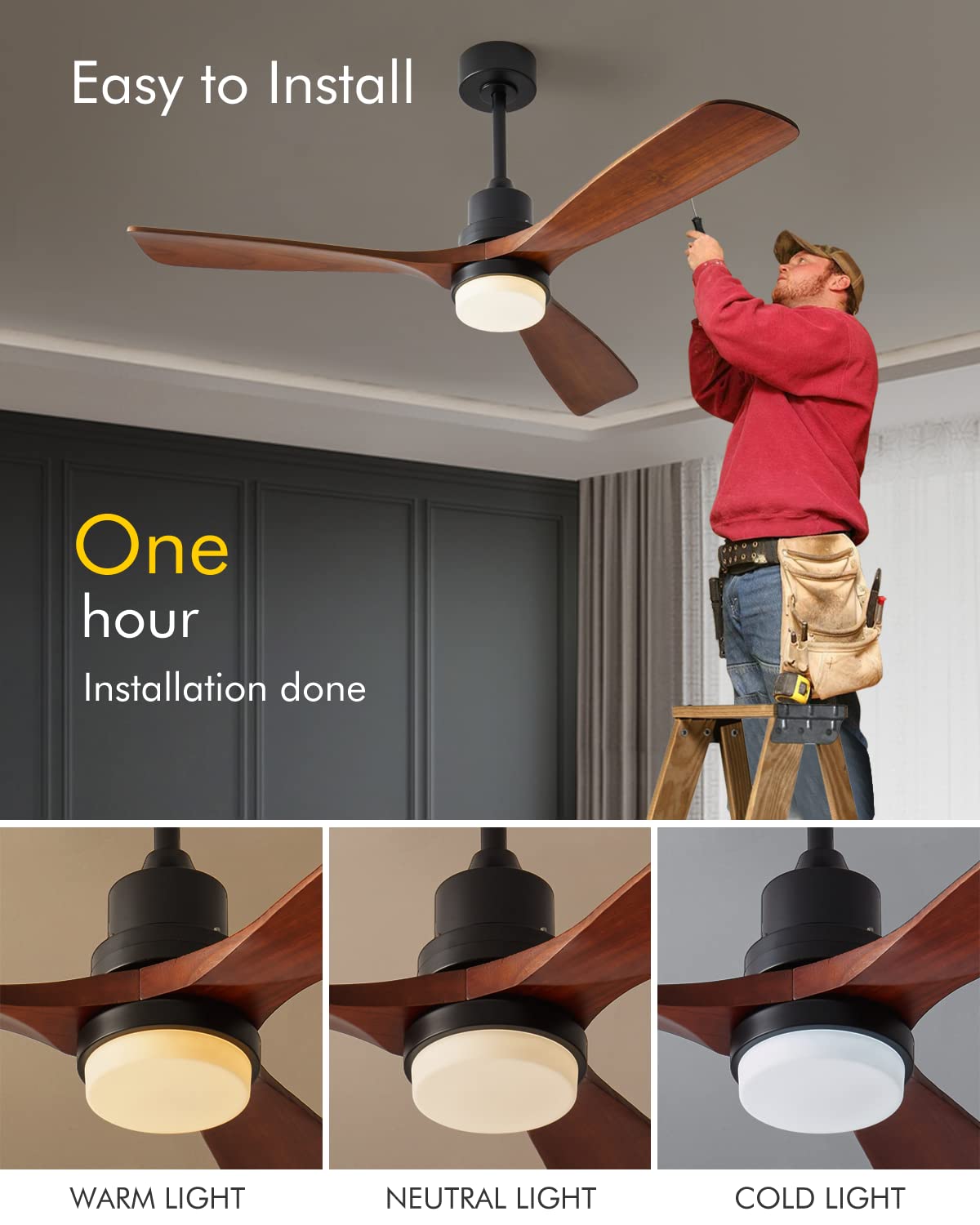 Chriari Modern Ceiling Fans with Lights, 3 Wood Fan Blades, 52" Black with Remote Control, Noiseless Reversible DC Motor for Bedroom/Living Room/Study/Patio Chriari