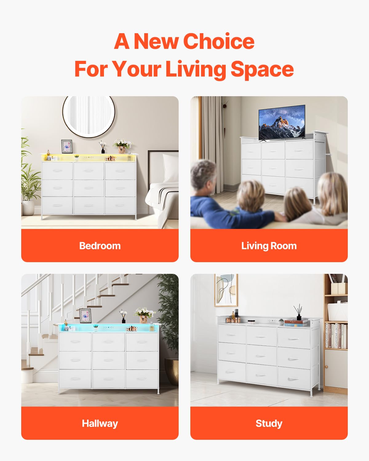 VEVOR 9 Drawer Dresser, Tall Drawer Dresser with Fabric Bin, Closet Storage Drawers with Sturdy Metal Frame, LED Lights & Built-in Outlet, Fabric Storage Tower for Bedroom, Hallway, Closet, White VEVOR