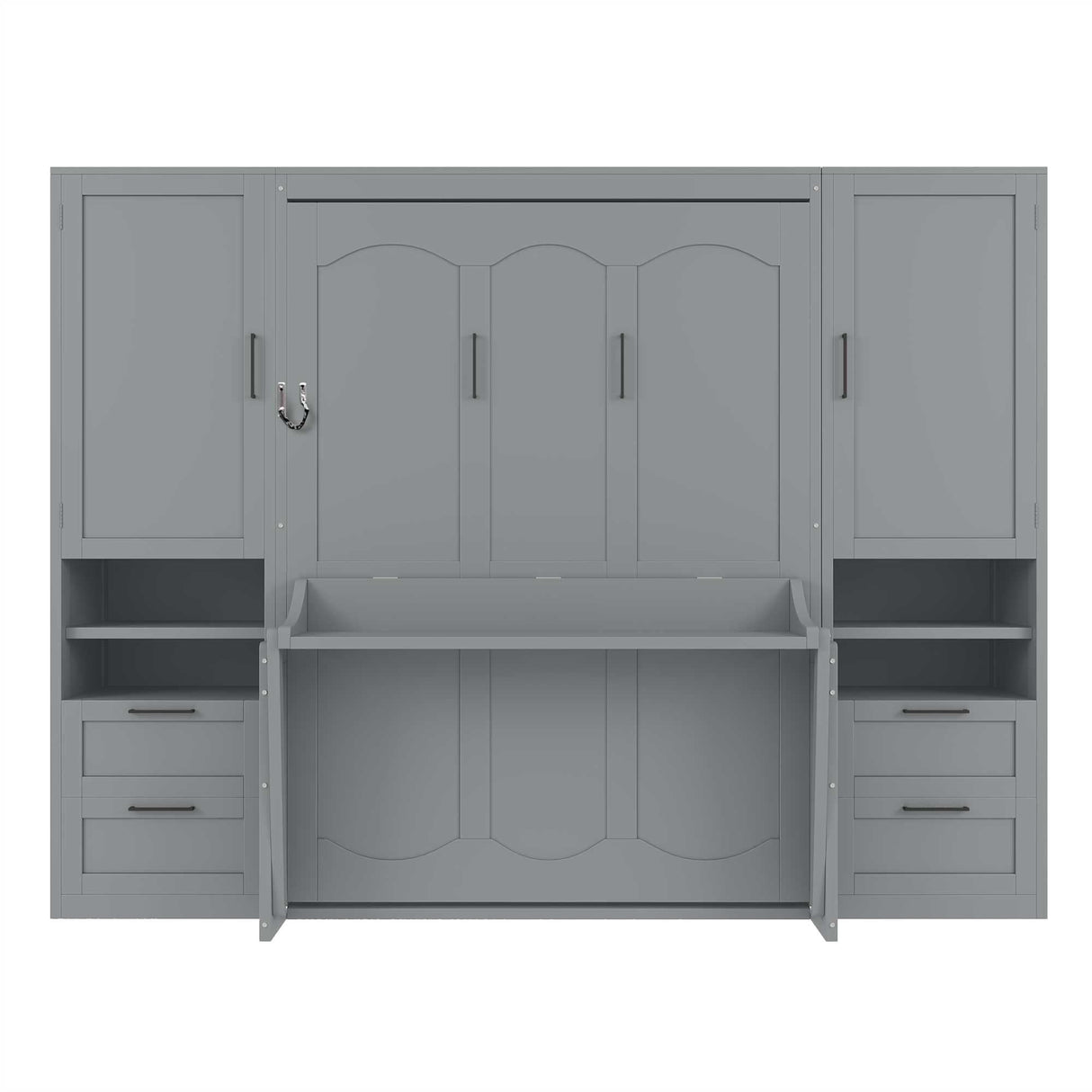 Merax Full Size Murphy Bed with Desk, Space-Saving Wall Bed Frame with Closet, Drawers and Shelves, Multifunctional Foldable Platform Bed for Small Spaces Studio Study Office Guest Room, Gray Merax
