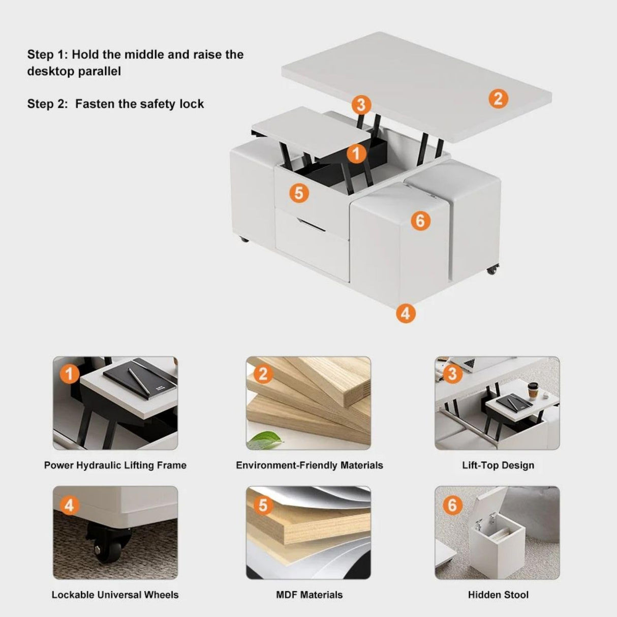 homary White Lift Top Coffee Table with Hidden Storage, 3 in 1 Multi-Function Modern Folding Center Table with 4 Stools and Casters homary