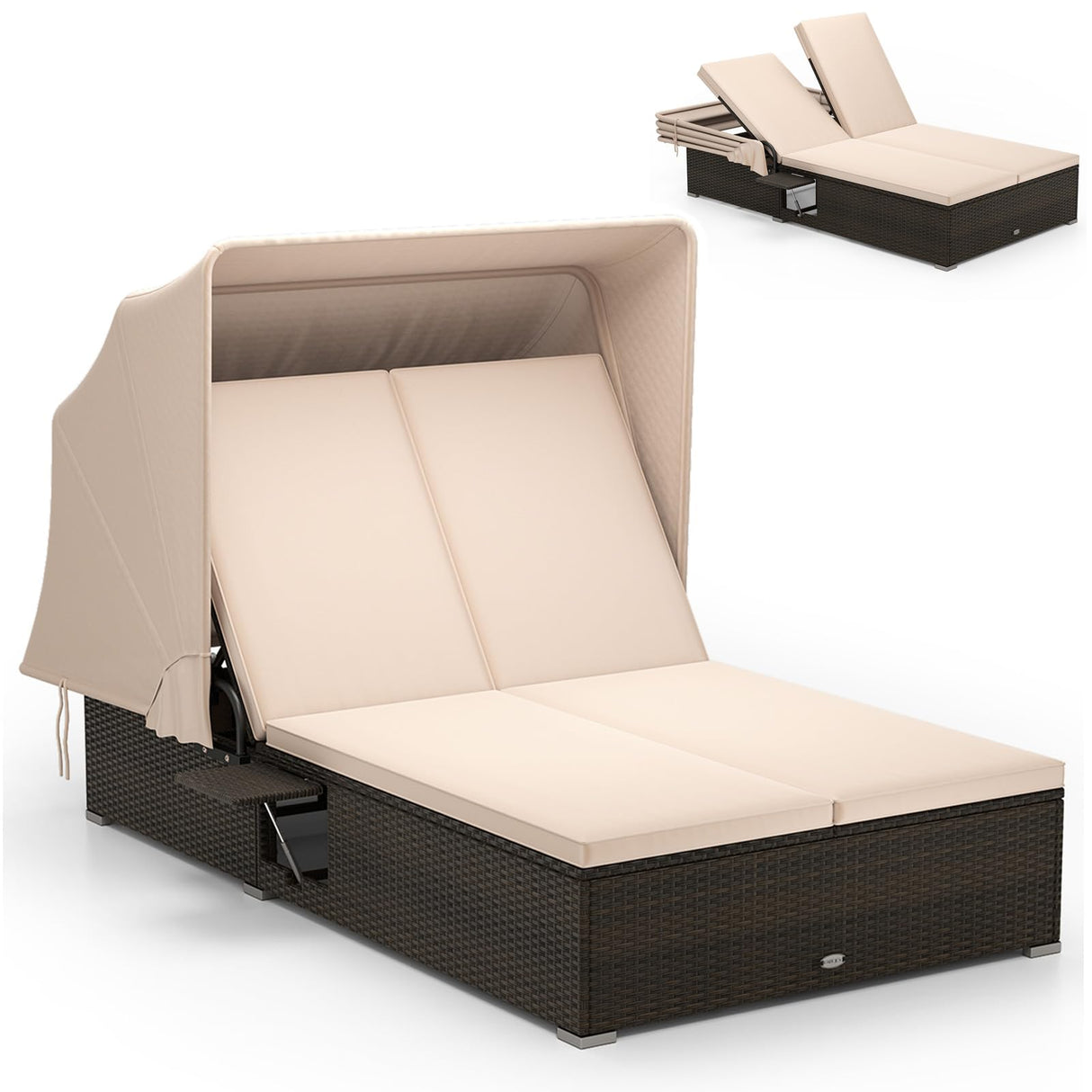 RELAX4LIFE Outdoor Daybed with Retractable Canopy - Wicker Double Chaise Lounge w/6-Position Backrest, 2 Folding Side Trays & Cushions, 2-Seater Loveseat Sunbed for Backyard, Rattan Patio Bed Lounger RELAX4LIFE