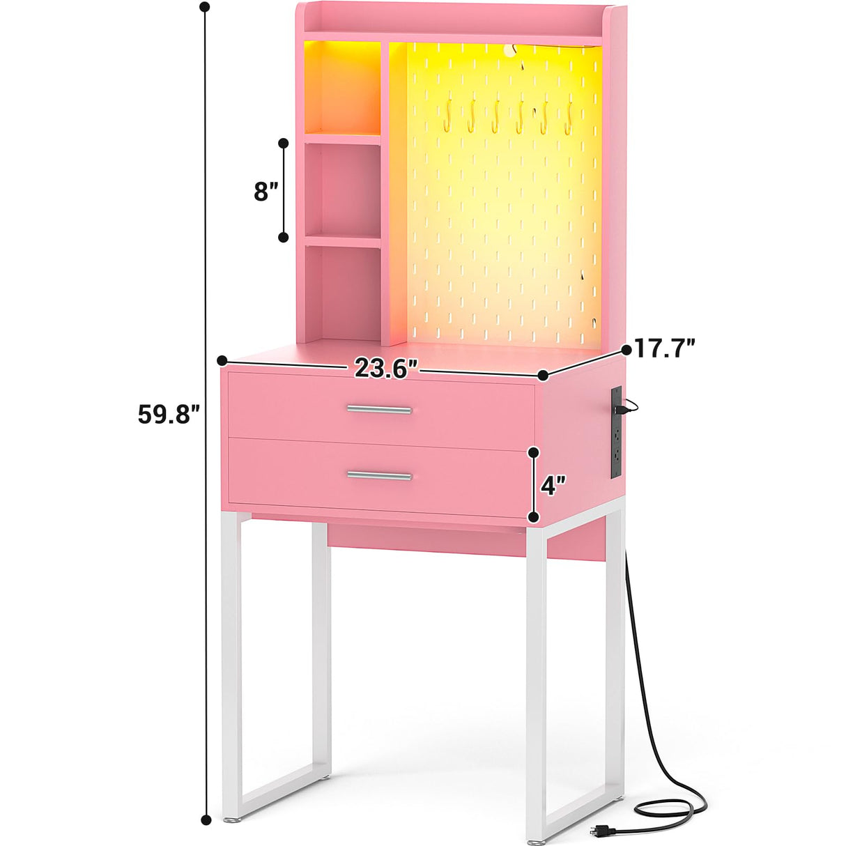 Besiost Small Vanity Desk with Hutch and Drawers, Pink Makeup Vanity Desk with Charging Station, Vanity Table Dressing Table with LED Lights, Vanity Desk No Mirror with Pegboard for Girls Women, 24" Besiost