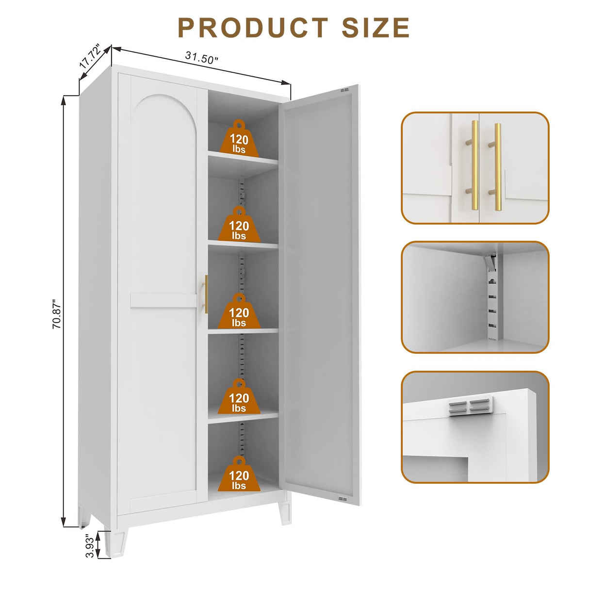 Nobilsteel 71''Metal Kitchen Storage Cabinet with 2 Doors and 4 Adjustable Shelves, 5-Tier Tall White Food Metal Pantry Storage Cabinet for Kitchen, Dining/Living Room Nobilsteel