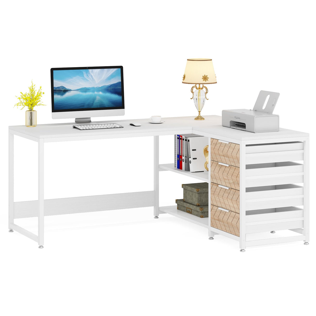 Tribesigns L Shaped Computer Desk with Storage Drawers, 59 inch Corner Desk with Shelves, Reversible L-Shaped Office Desk Study Writing Table Workstation for Home Office, White Tribesigns