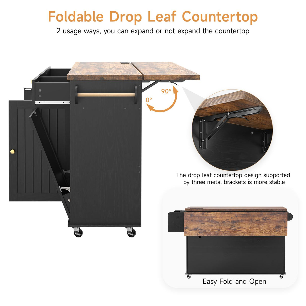 60" Kitchen Island with Power Outlet & Drop Leaf, Kitchen Rolling Island with Spice Rack & Towel Rack, Knife Holder, Kitchen Island Cart with Trash Storage Cabinet, Mobile Island Table for Kitchen ONBRILL