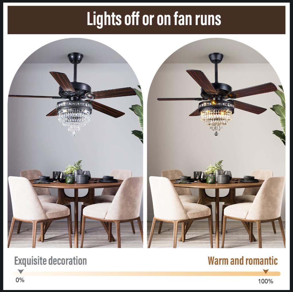 Crystal Chandelier Ceiling Fan with 3-Light, Farmhouse Fandelier with Remote - Silent DC Motor, K9-Crystal, Wood Blades, 3-Speed and Timing, Energy-Efficient Ceiling Fans for Living Room (52" Black) Chansim