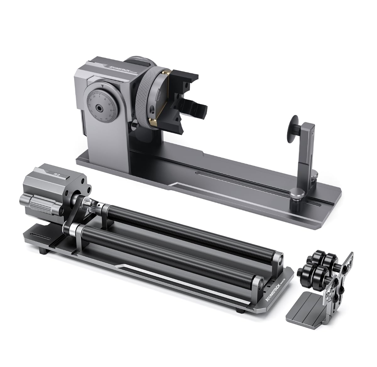 ATOMSTACK MAKER R1 PRO Laser Rotary Chuck Engraver 4 in 1 Multi-function Jaw Chuck Rotation Laser Engraver Compatible with Most Engraver for Irregular Items Spherical & Cylindrical Objects Gray ATOMSTACK