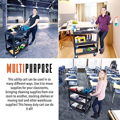 Stand Steady Tubstr 3 Shelf Utility Push Cart Supports Up to 300 lbs - Heavy-Duty Plastic Service Cart Great for Offices, Warehouse Storage, Garage Stand Steady