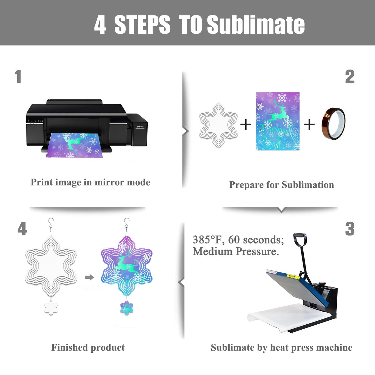 WindMage 4Pack 8inch Sublimation Wind Spinner Blanks 3D Aluminum Metal Wind Sculpture Kinetic Spinners for Yard and Garden Indoor Art Sublimation Christmas Ornament Hanging Decoration (Snowflake) WindMage