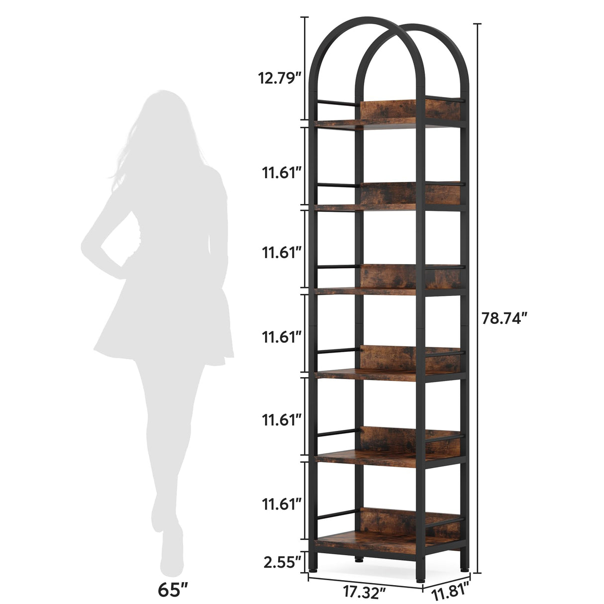 LITTLE TREE 78.7 Inches Tall Arched Bookshelf, 6 Tiers Skinny Open Bookcase with Metal Frame, Freestanding Corner Display Shelves Rack for Living Room, Home Office, Brown LITTLE TREE