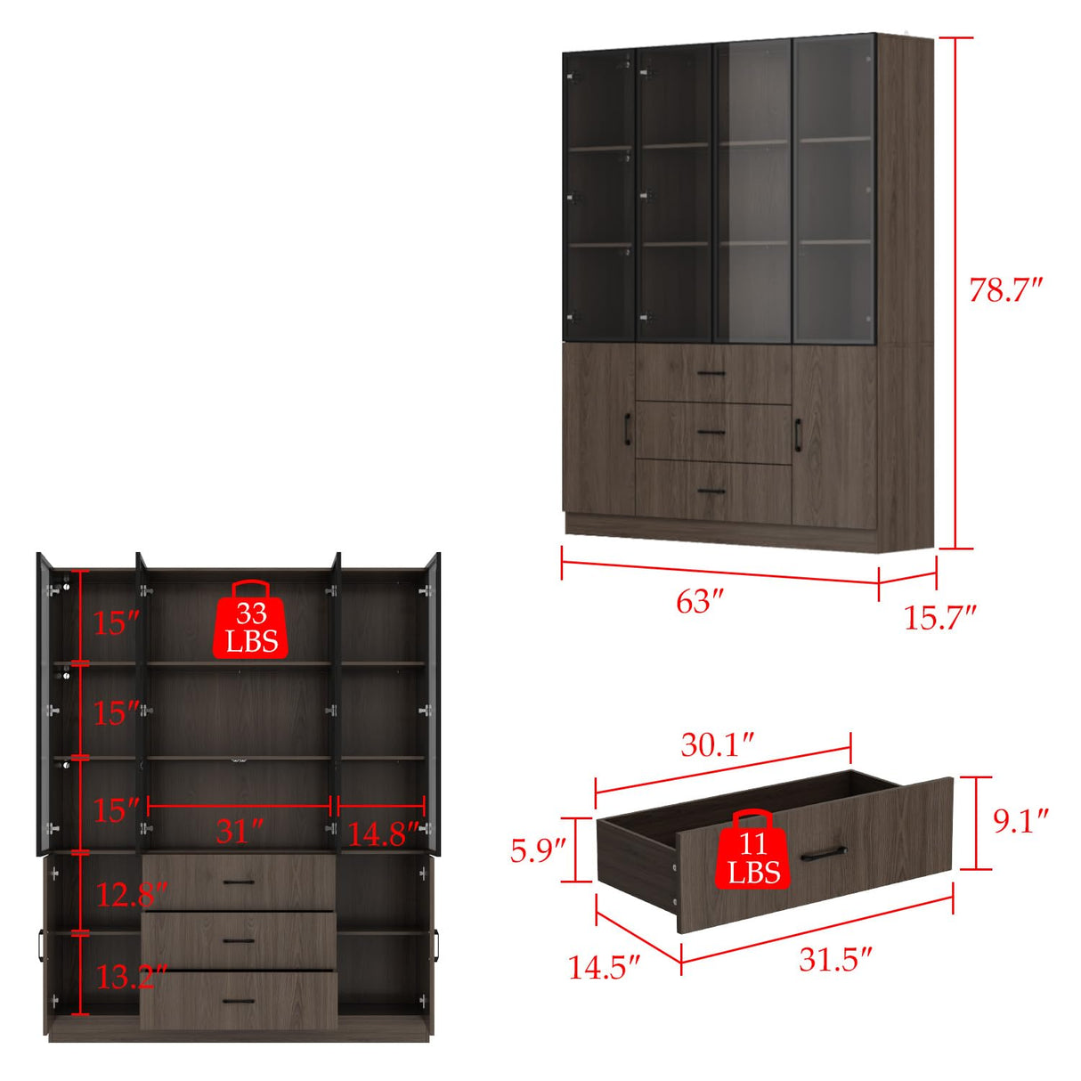 Homsee 63”W Storage Display Cabinet Curio Cabinet with Light & Pop-up Glass Doors, Bookcase with 5-Tier Shelves & 3 Drawers for Living Room/Home Office, Dark Brown (63”W x 15.7”D x 78.7”H) Homsee