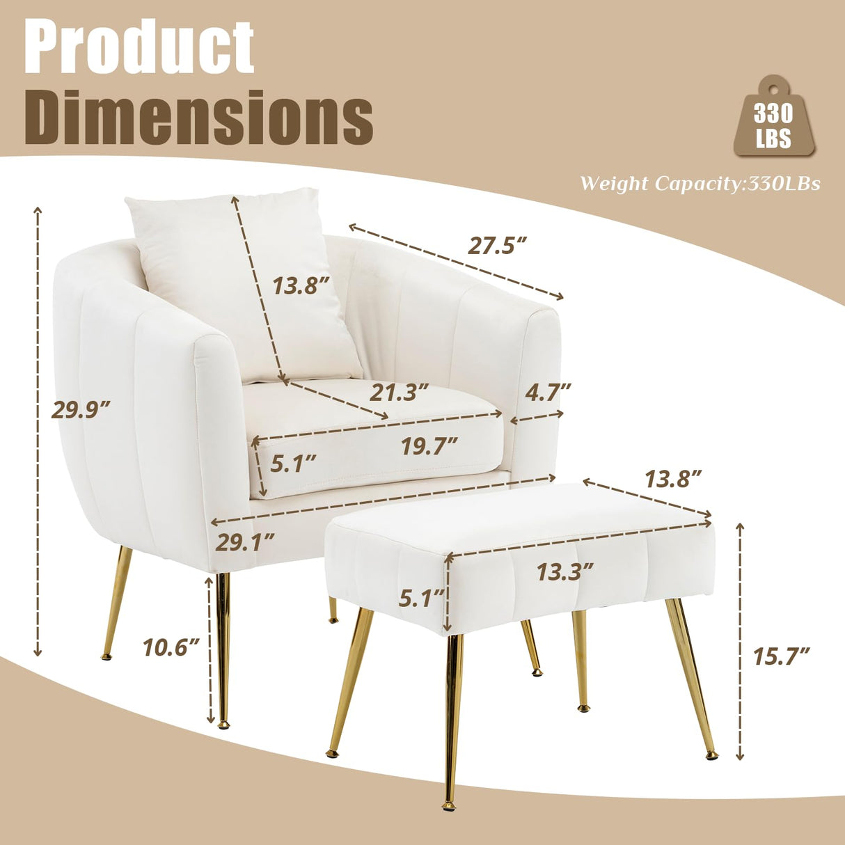 GODECOR Velvet Accent Chair Set,Modern Barrel Chair with Ottoman,Club Chair Reading Armchair with Lumbar Pillow for Living Room/Bedroom/Study Room/Home Office,White GODECOR