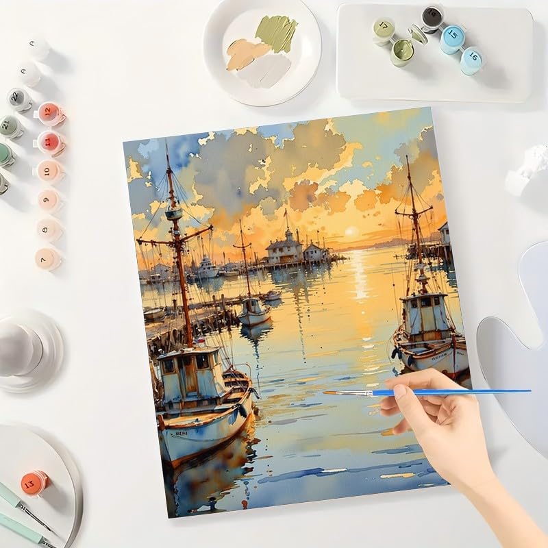 Landscape Paint by Numbers Kit for Adults - DIY Fishing Boats at Dock Sunset Scene Painting on Canvas 16x20 Inches, Acrylic Paint Set, Suitable for Beginners, Art for Home Decoration or Gifts DecorFriday
