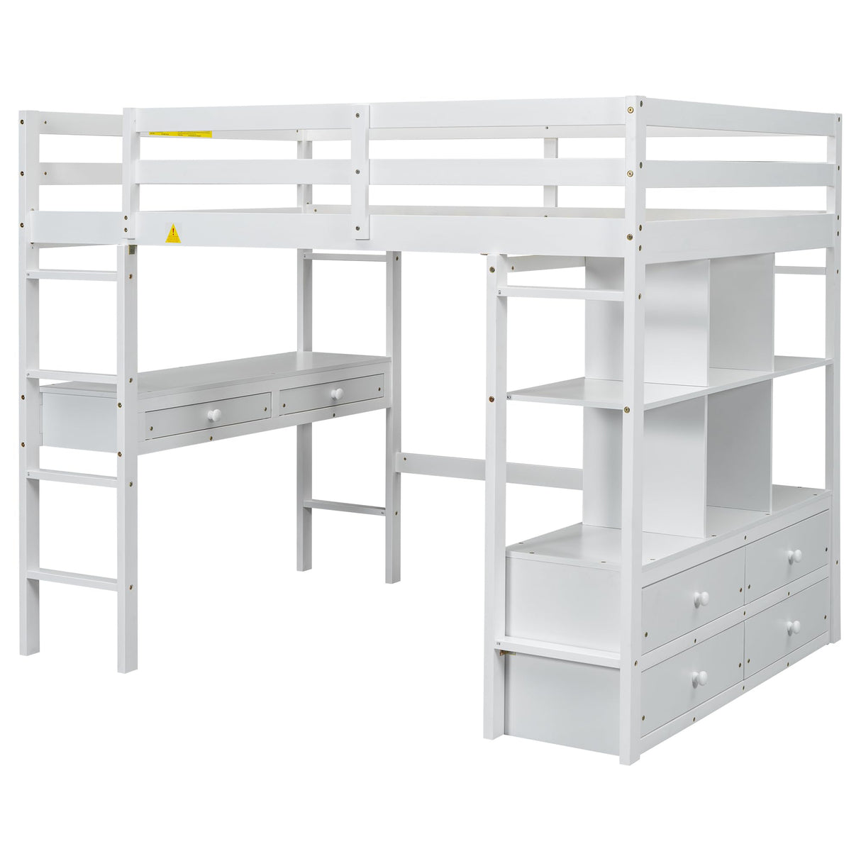 Janusline Full Size Loft Bed with Built-in Desk with Two Drawers, Multifunction Wooden Full Loft Bed Frame with Storage Shelves and Drawers for Apartment Bedroom, Space Saving, White Janusline