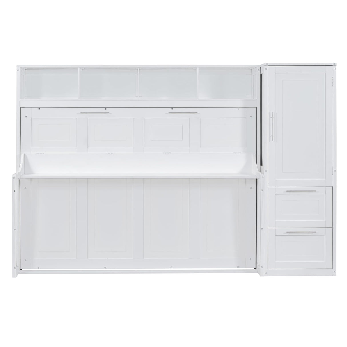 SOFTSEA Full Size Horizontal Murphy Bed, Full Murphy Bed with Desk & Storage Shelf, Wardrobe, Hideaway Wall Bed Frame with Closet and Drawers Space-Saving for Guest Room Bedroom or Office, White SOFTSEA