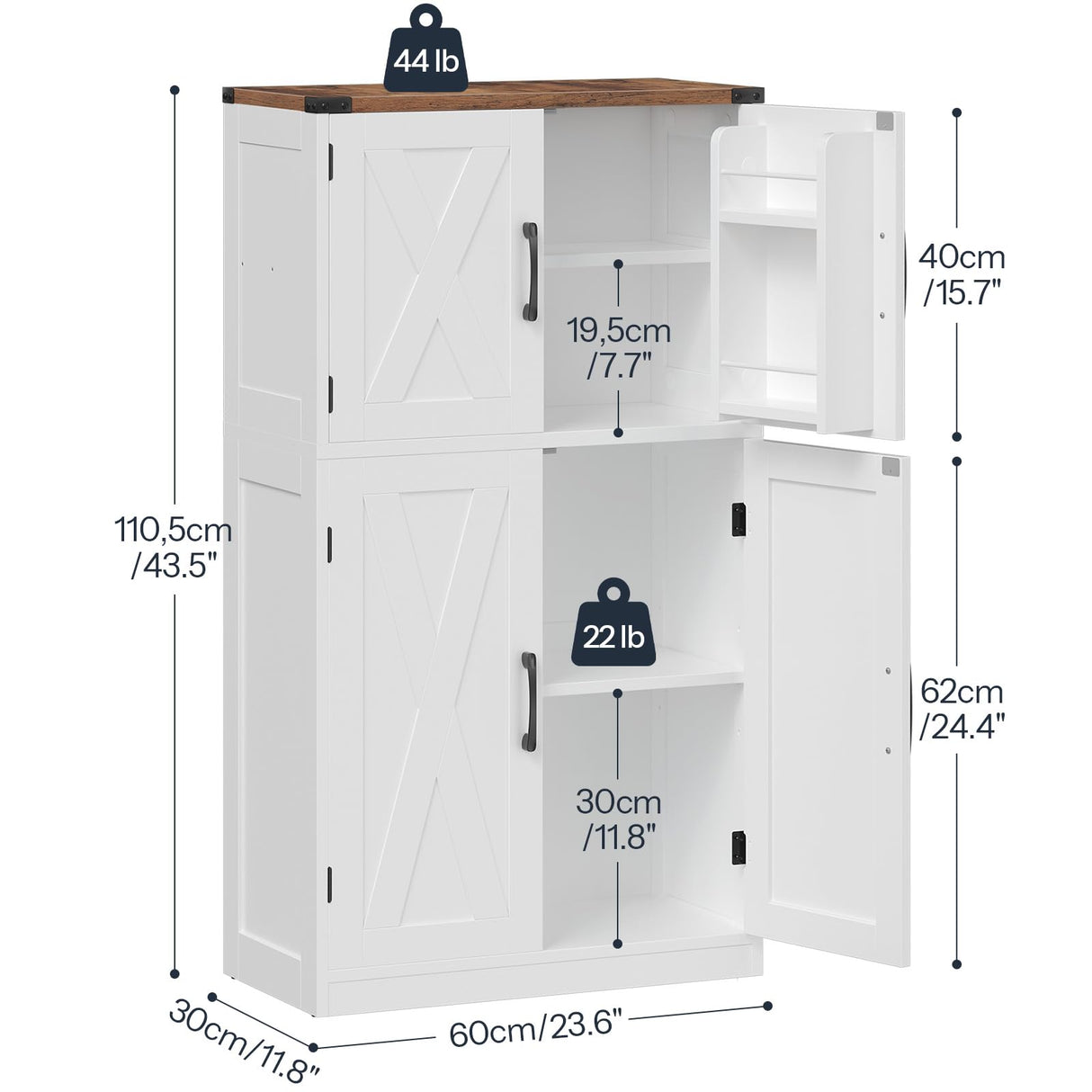 HOOBRO Bathroom Storage Cabinet, Farmhouse Freestanding Floor Cabinet with 2 Extra Hidden Storage Doors, Adjustable Shelves, Large Capacity, Easy Assembly, 11.8 x 23.6 x 43.5 Inches, White and Walnut HOOBRO