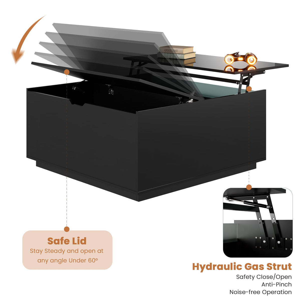 High Gloss Coffee Table with Storage,Black Square Lift Top Coffee Tables with LED & Flip Lid, Small Modern Coffee Table for Living Room with Drawer HAIOOU